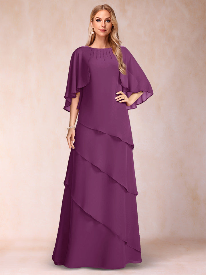 A-Line/Princess Scoop Half Sleeves Mother of the Bride Dresses with Ruffles &amp; Beading