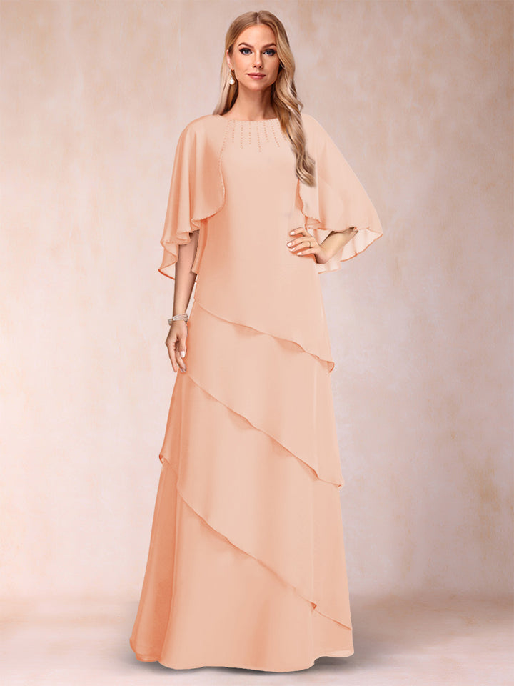 A-Line/Princess Scoop Half Sleeves Mother of the Bride Dresses with Ruffles &amp; Beading