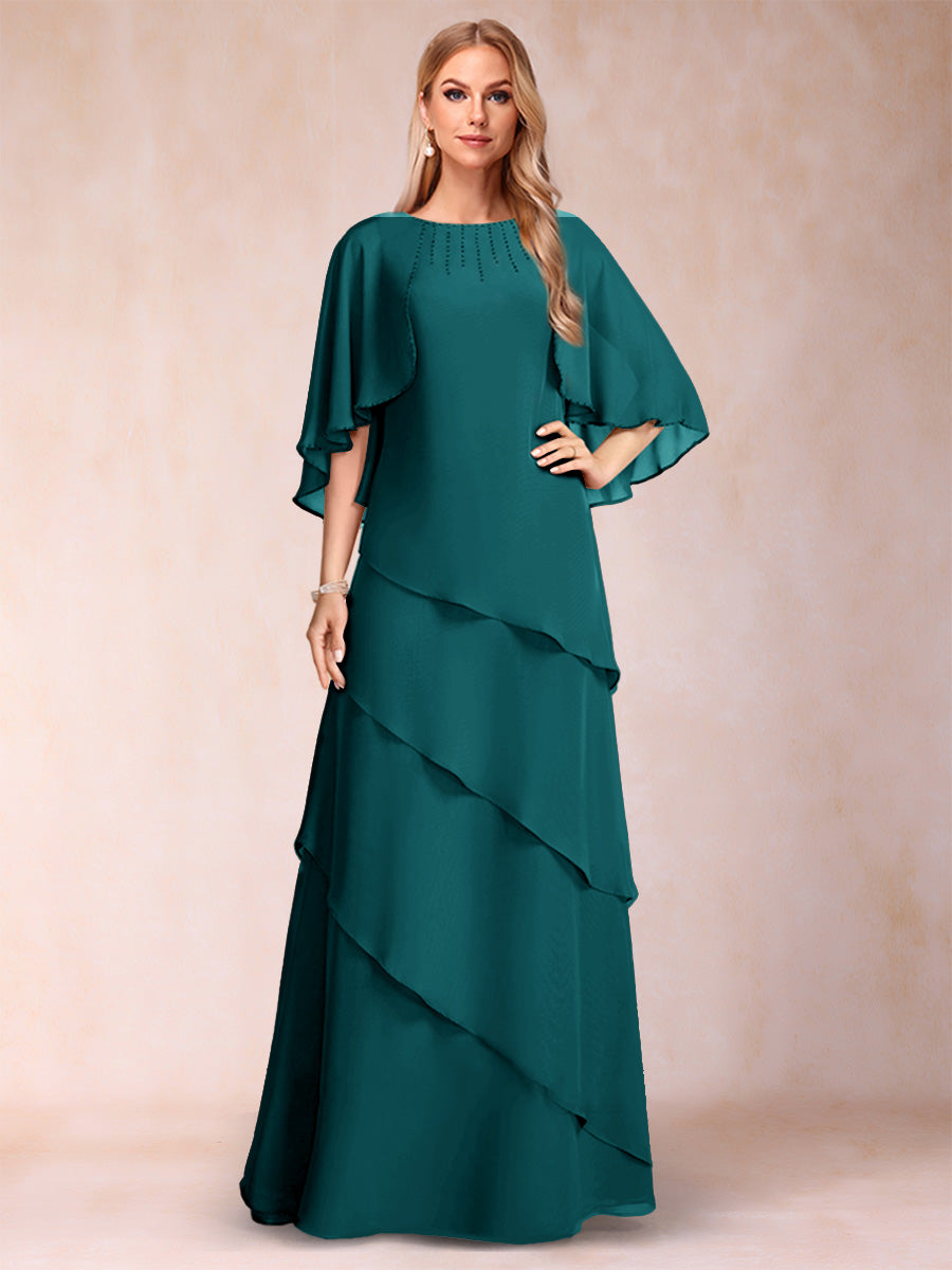 A-Line/Princess Scoop Half Sleeves Mother of the Bride Dresses with Ruffles &amp; Beading