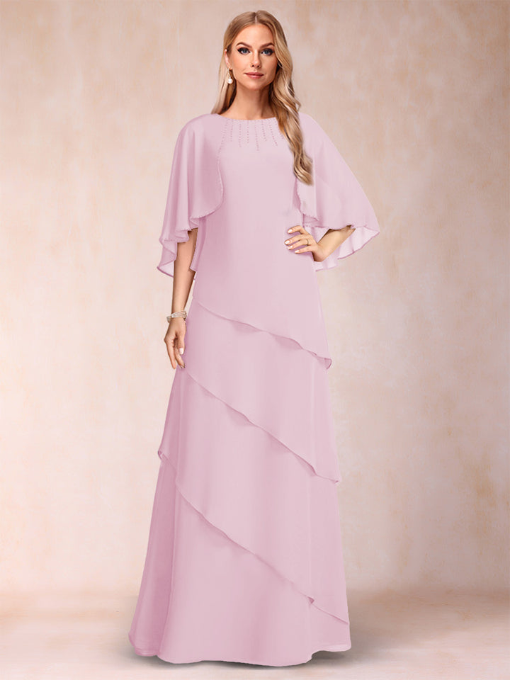 A-Line/Princess Scoop Half Sleeves Mother of the Bride Dresses with Ruffles &amp; Beading