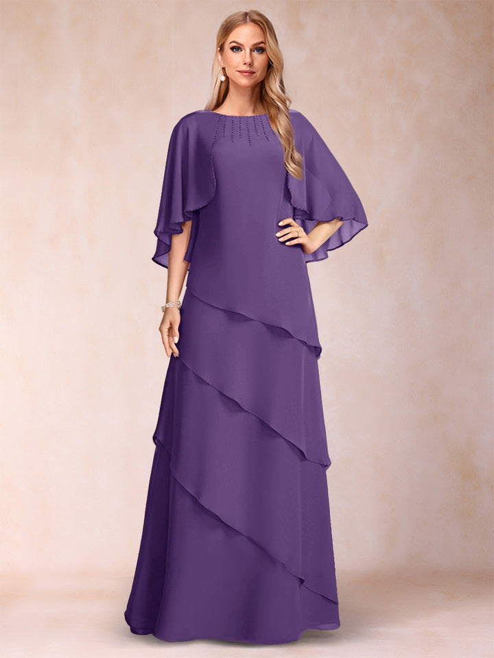 A-Line/Princess Scoop Half Sleeves Mother of the Bride Dresses with Ruffles &amp; Beading