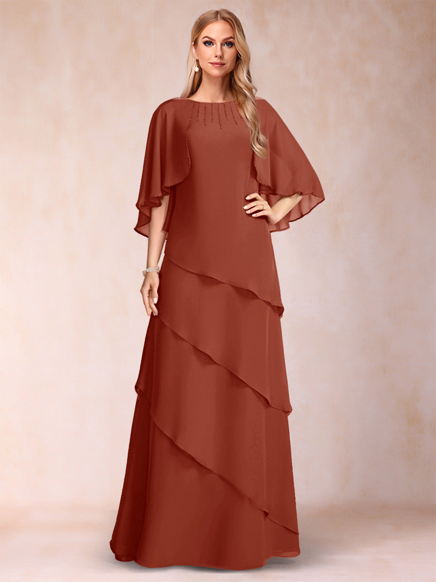 A-Line/Princess Scoop Half Sleeves Mother of the Bride Dresses with Ruffles &amp; Beading
