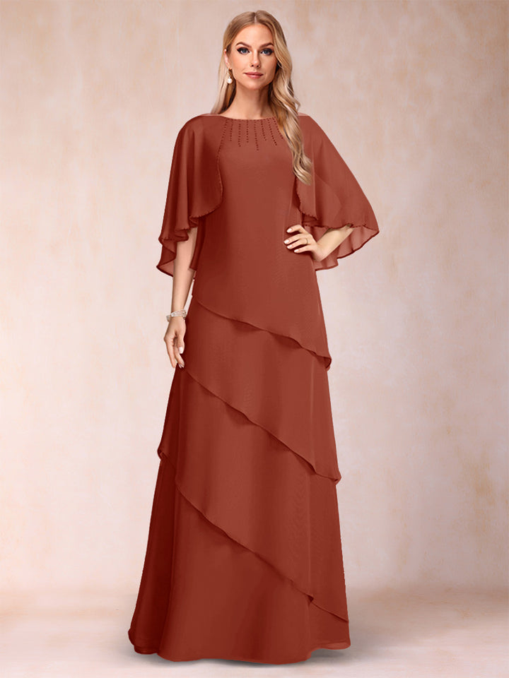 A-Line/Princess Scoop Half Sleeves Mother of the Bride Dresses with Ruffles &amp; Beading