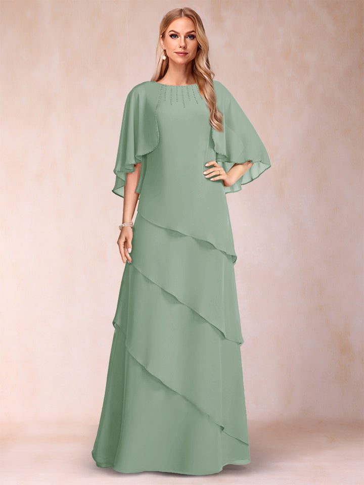 A-Line/Princess Scoop Half Sleeves Mother of the Bride Dresses with Ruffles &amp; Beading
