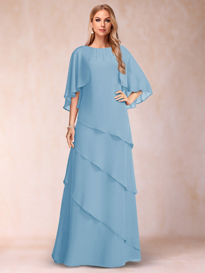 A-Line/Princess Scoop Half Sleeves Mother of the Bride Dresses with Ruffles &amp; Beading