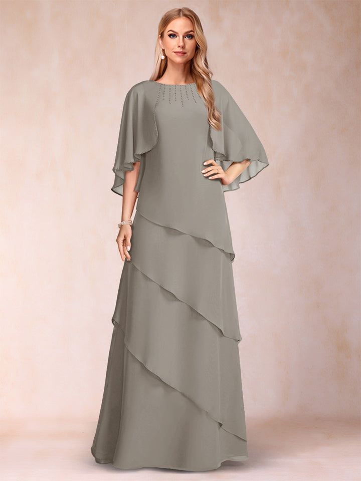 A-Line/Princess Scoop Half Sleeves Mother of the Bride Dresses with Ruffles &amp; Beading