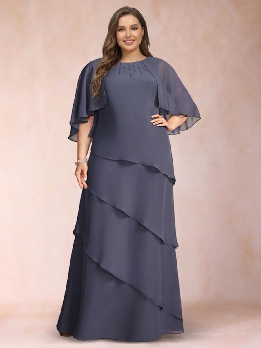 A-Line/Princess Scoop Half Sleeves Plus Size Mother of the Bride Dresses with Ruffles &amp; Beading