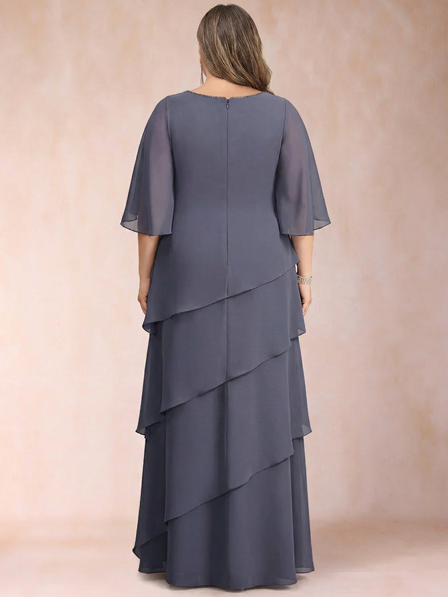 A-Line/Princess Scoop Half Sleeves Plus Size Mother of the Bride Dresses with Ruffles &amp; Beading