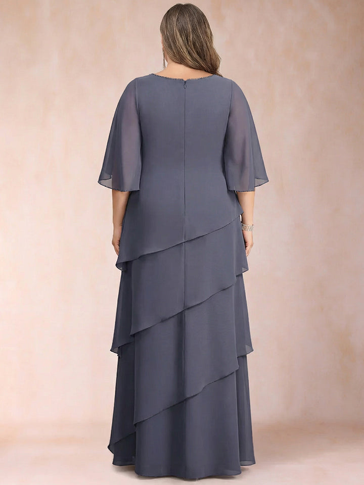 A-Line/Princess Scoop Half Sleeves Plus Size Mother of the Bride Dresses with Ruffles &amp; Beading