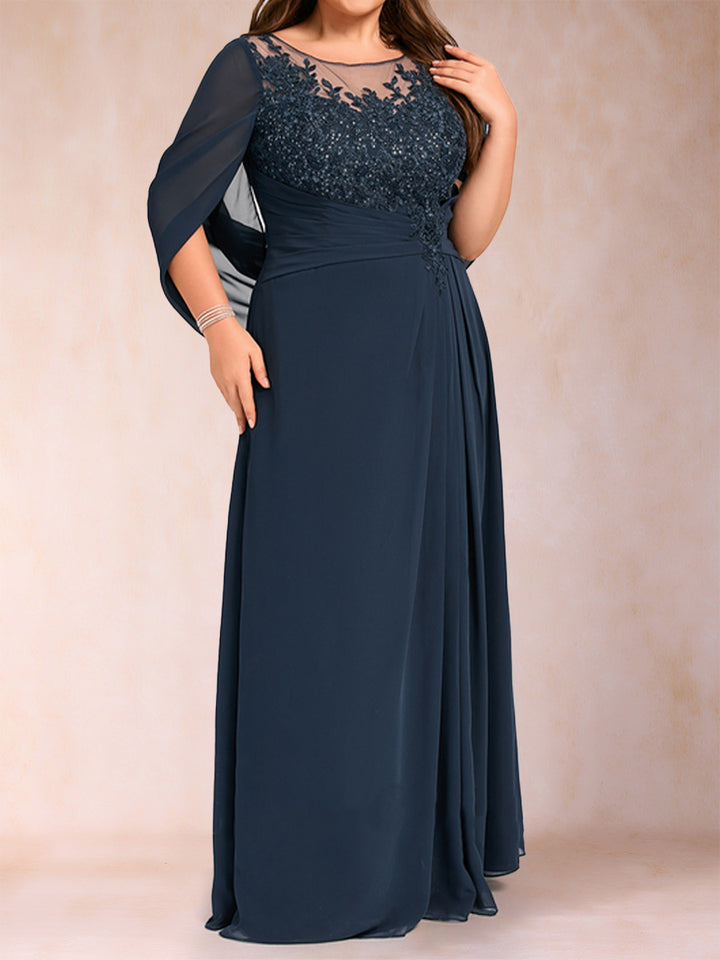 A-Line/Princess Scoop Half Sleeves Plus Size Mother of the Bride Dresses with Appliques &amp; Ruffles