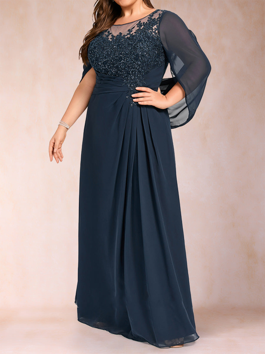 A-Line/Princess Scoop Half Sleeves Plus Size Mother of the Bride Dresses with Appliques &amp; Ruffles