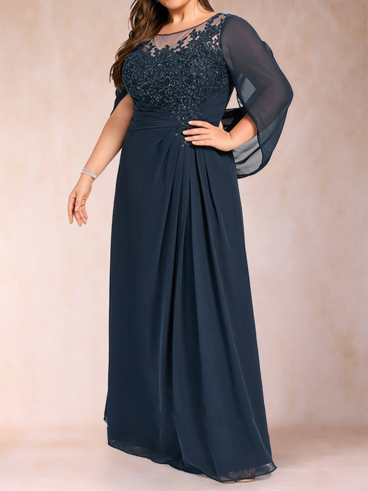 A-Line/Princess Scoop Half Sleeves Plus Size Mother of the Bride Dresses with Appliques &amp; Ruffles