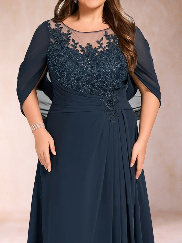 A-Line/Princess Scoop Half Sleeves Plus Size Mother of the Bride Dresses with Appliques &amp; Ruffles