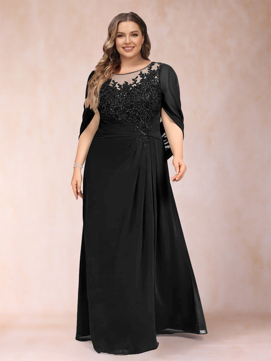 A-Line/Princess Scoop Half Sleeves Plus Size Mother of the Bride Dresses with Appliques &amp; Ruffles
