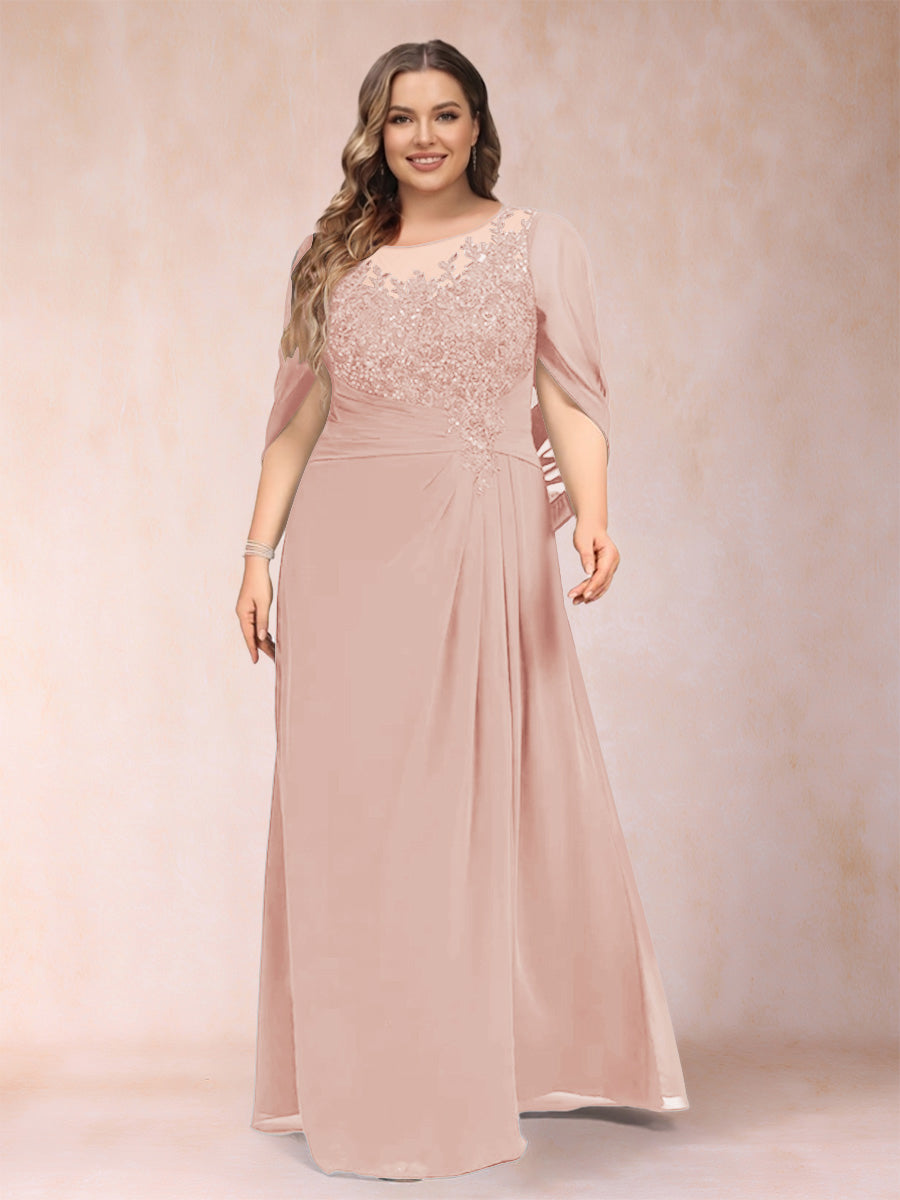 A-Line/Princess Scoop Half Sleeves Plus Size Mother of the Bride Dresses with Appliques &amp; Ruffles