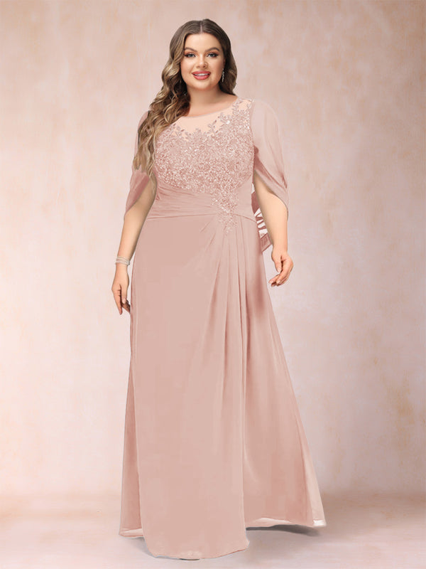 A-Line/Princess Scoop Half Sleeves Plus Size Mother of the Bride Dresses with Appliques & Ruffles