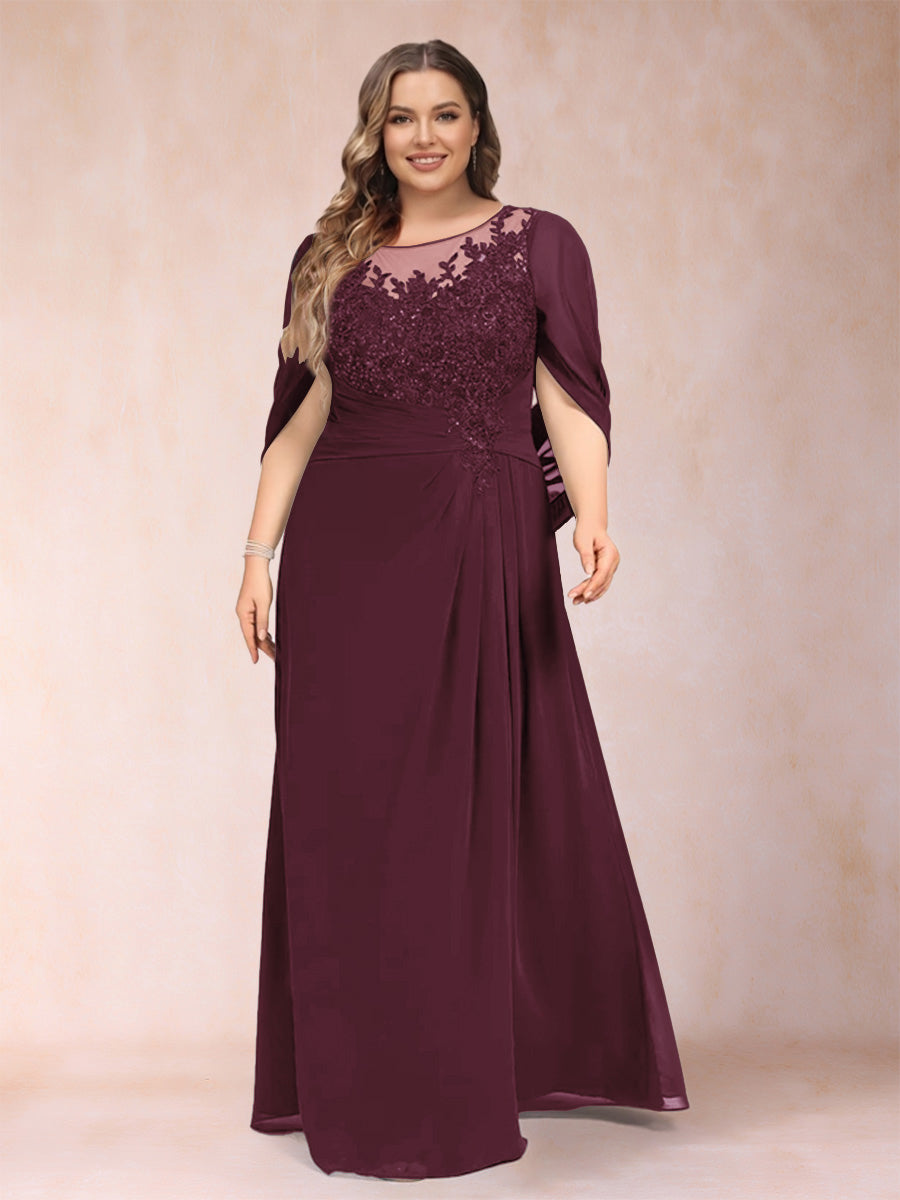A-Line/Princess Scoop Half Sleeves Plus Size Mother of the Bride Dresses with Appliques &amp; Ruffles