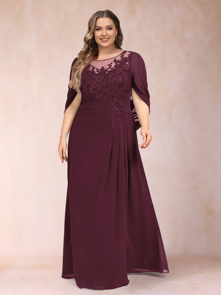 A-Line/Princess Scoop Half Sleeves Plus Size Mother of the Bride Dresses with Appliques &amp; Ruffles