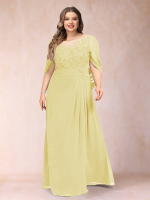 A-Line/Princess Scoop Half Sleeves Plus Size Mother of the Bride Dresses with Appliques & Ruffles