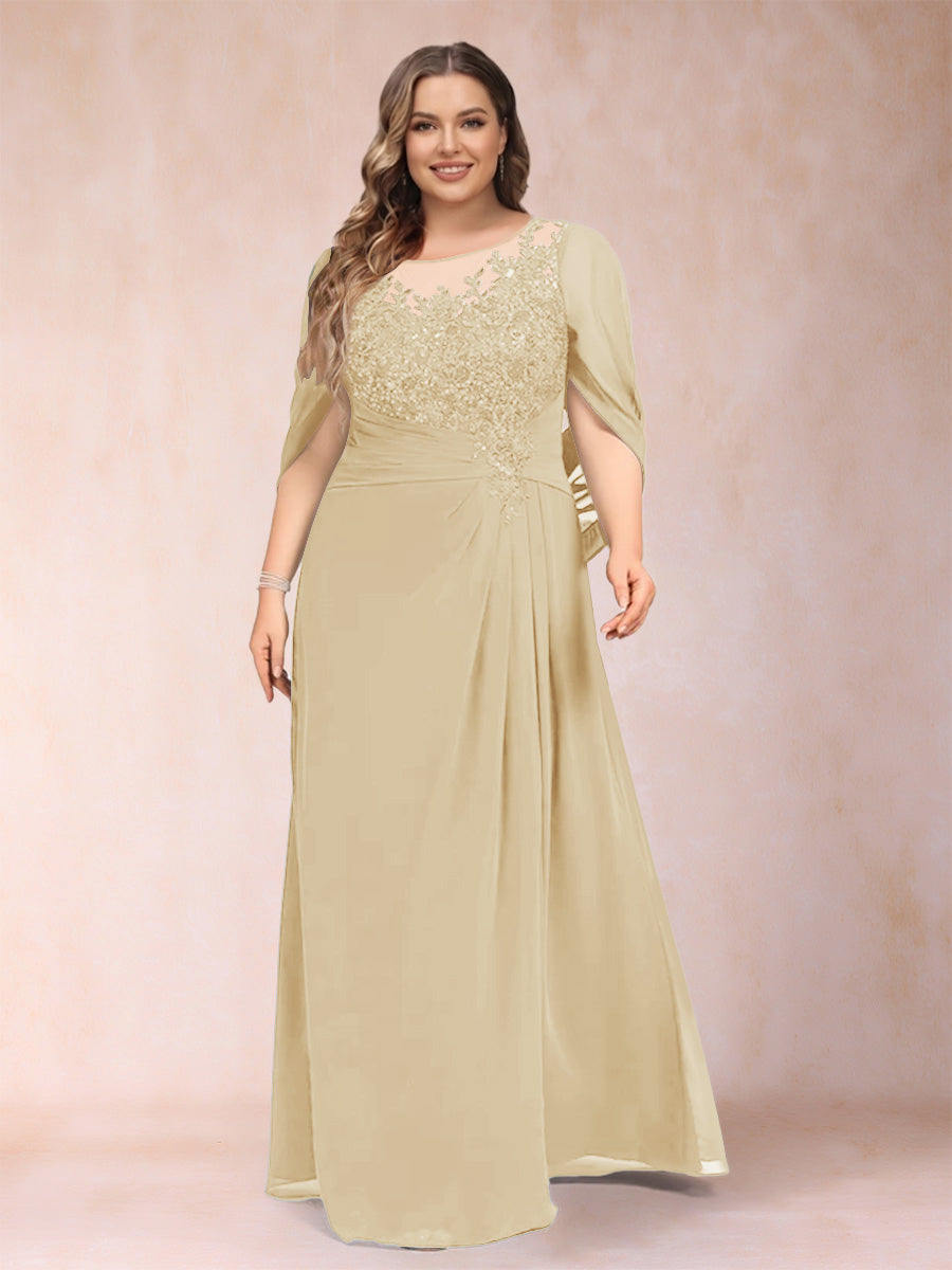 A-Line/Princess Scoop Half Sleeves Plus Size Mother of the Bride Dresses with Appliques &amp; Ruffles