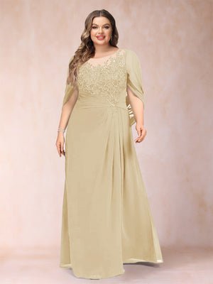 A-Line/Princess Scoop Half Sleeves Plus Size Mother of the Bride Dresses with Appliques & Ruffles