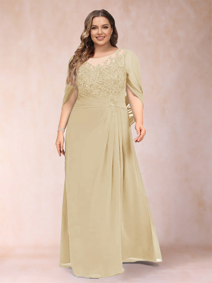 A-Line/Princess Scoop Half Sleeves Plus Size Mother of the Bride Dresses with Appliques &amp; Ruffles