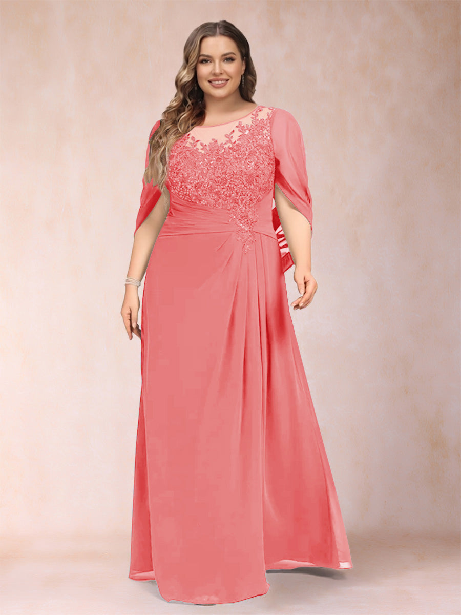 A-Line/Princess Scoop Half Sleeves Plus Size Mother of the Bride Dresses with Appliques &amp; Ruffles