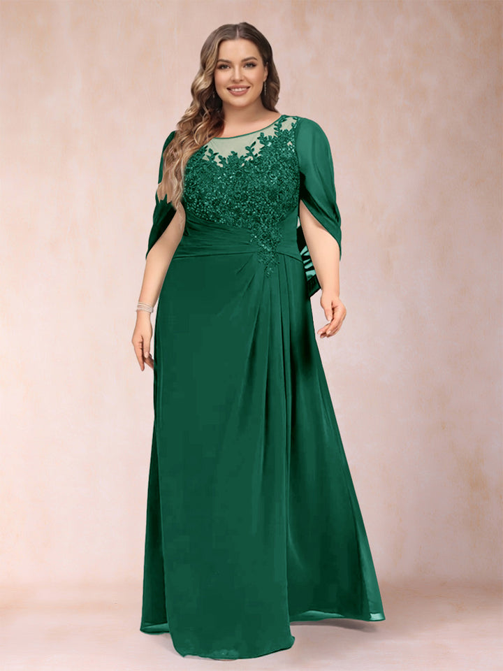 A-Line/Princess Scoop Half Sleeves Plus Size Mother of the Bride Dresses with Appliques &amp; Ruffles