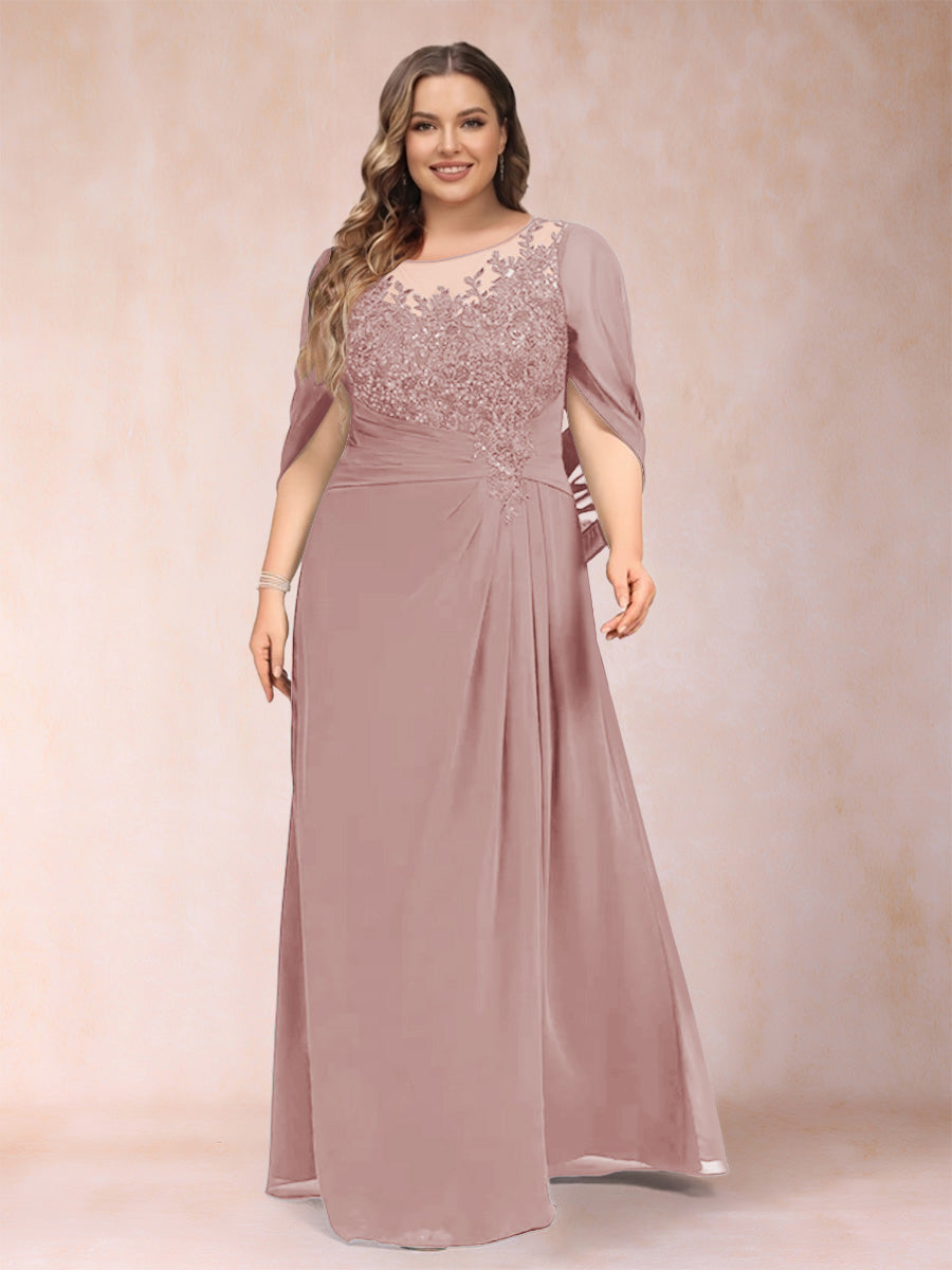 A-Line/Princess Scoop Half Sleeves Plus Size Mother of the Bride Dresses with Appliques &amp; Ruffles