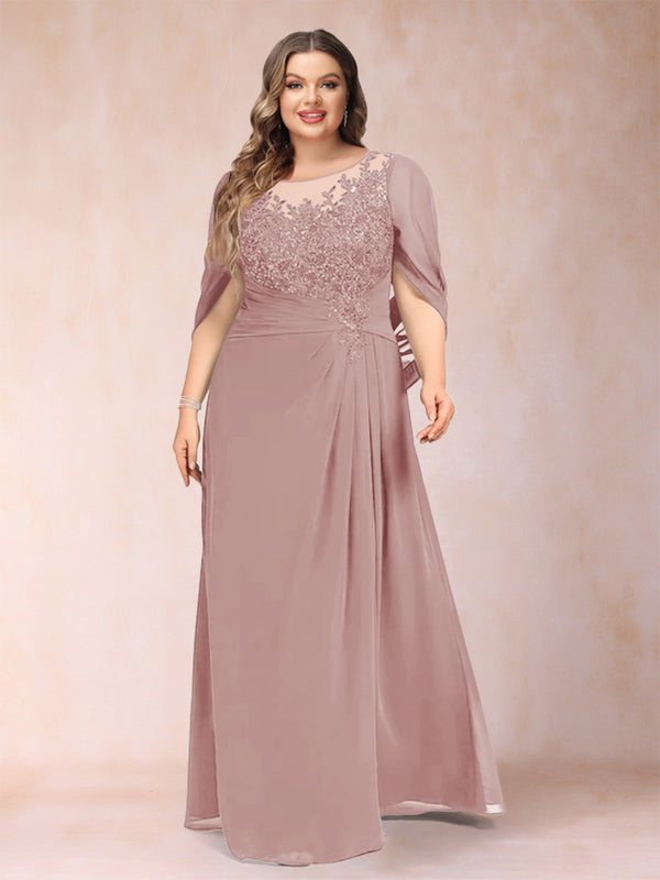 A-Line/Princess Scoop Half Sleeves Plus Size Mother of the Bride Dresses with Appliques & Ruffles