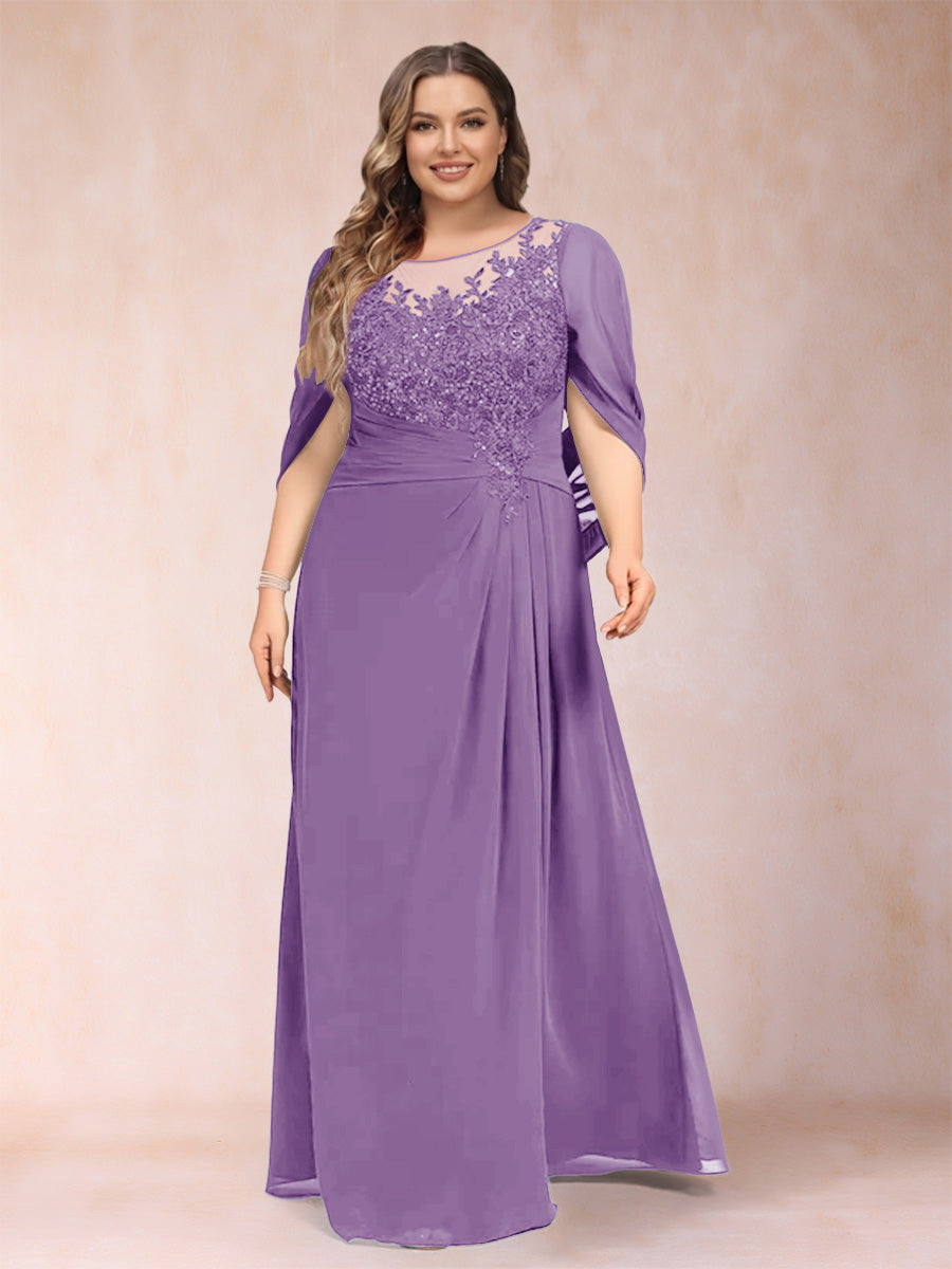 A-Line/Princess Scoop Half Sleeves Plus Size Mother of the Bride Dresses with Appliques &amp; Ruffles