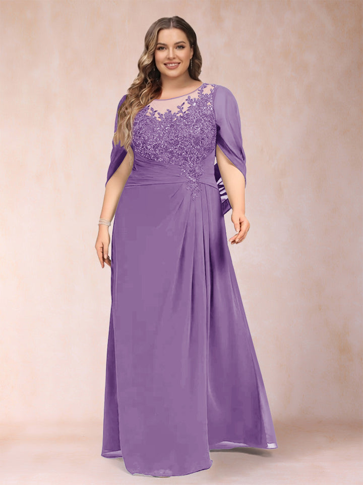 A-Line/Princess Scoop Half Sleeves Plus Size Mother of the Bride Dresses with Appliques &amp; Ruffles