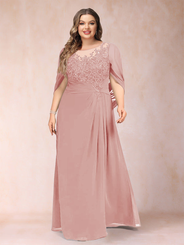 A-Line/Princess Scoop Half Sleeves Plus Size Mother of the Bride Dresses with Appliques & Ruffles
