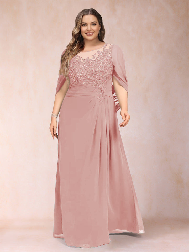 A-Line/Princess Scoop Half Sleeves Plus Size Mother of the Bride Dresses with Appliques &amp; Ruffles