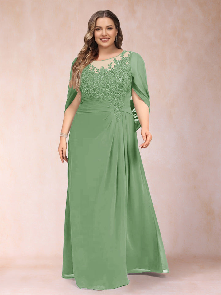 A-Line/Princess Scoop Half Sleeves Plus Size Mother of the Bride Dresses with Appliques &amp; Ruffles