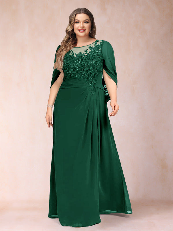 A-Line/Princess Scoop Half Sleeves Plus Size Mother of the Bride Dresses with Appliques & Ruffles