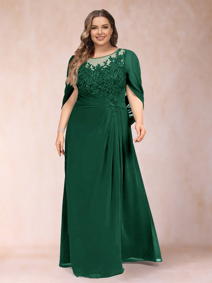 A-Line/Princess Scoop Half Sleeves Plus Size Mother of the Bride Dresses with Appliques &amp; Ruffles