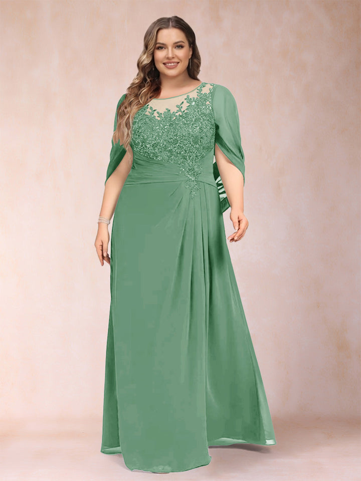 A-Line/Princess Scoop Half Sleeves Plus Size Mother of the Bride Dresses with Appliques &amp; Ruffles
