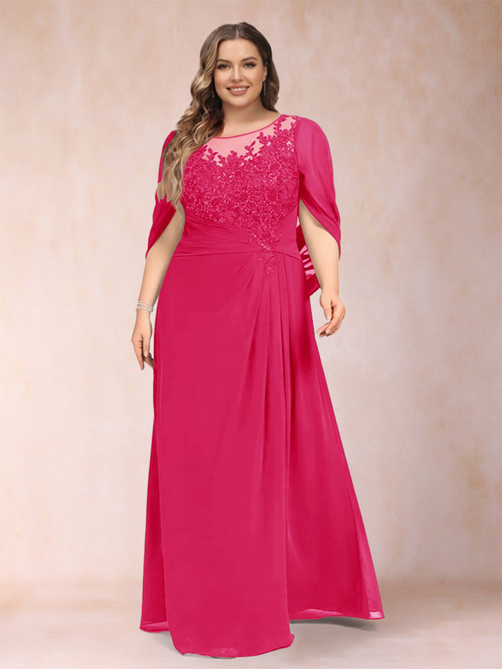 A-Line/Princess Scoop Half Sleeves Plus Size Mother of the Bride Dresses with Appliques &amp; Ruffles