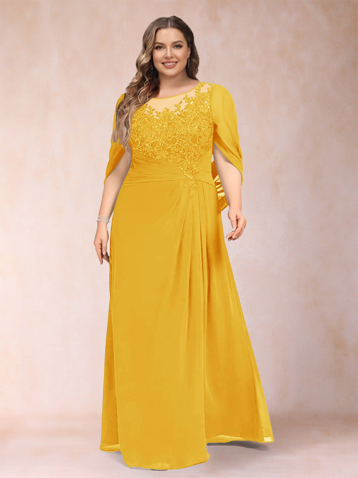A-Line/Princess Scoop Half Sleeves Plus Size Mother of the Bride Dresses with Appliques &amp; Ruffles