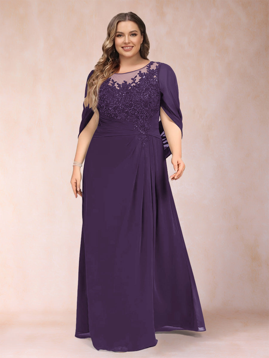 A-Line/Princess Scoop Half Sleeves Plus Size Mother of the Bride Dresses with Appliques &amp; Ruffles