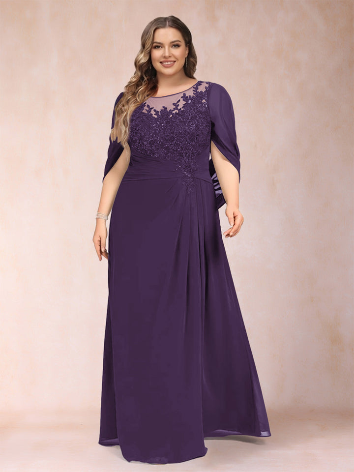 A-Line/Princess Scoop Half Sleeves Plus Size Mother of the Bride Dresses with Appliques &amp; Ruffles