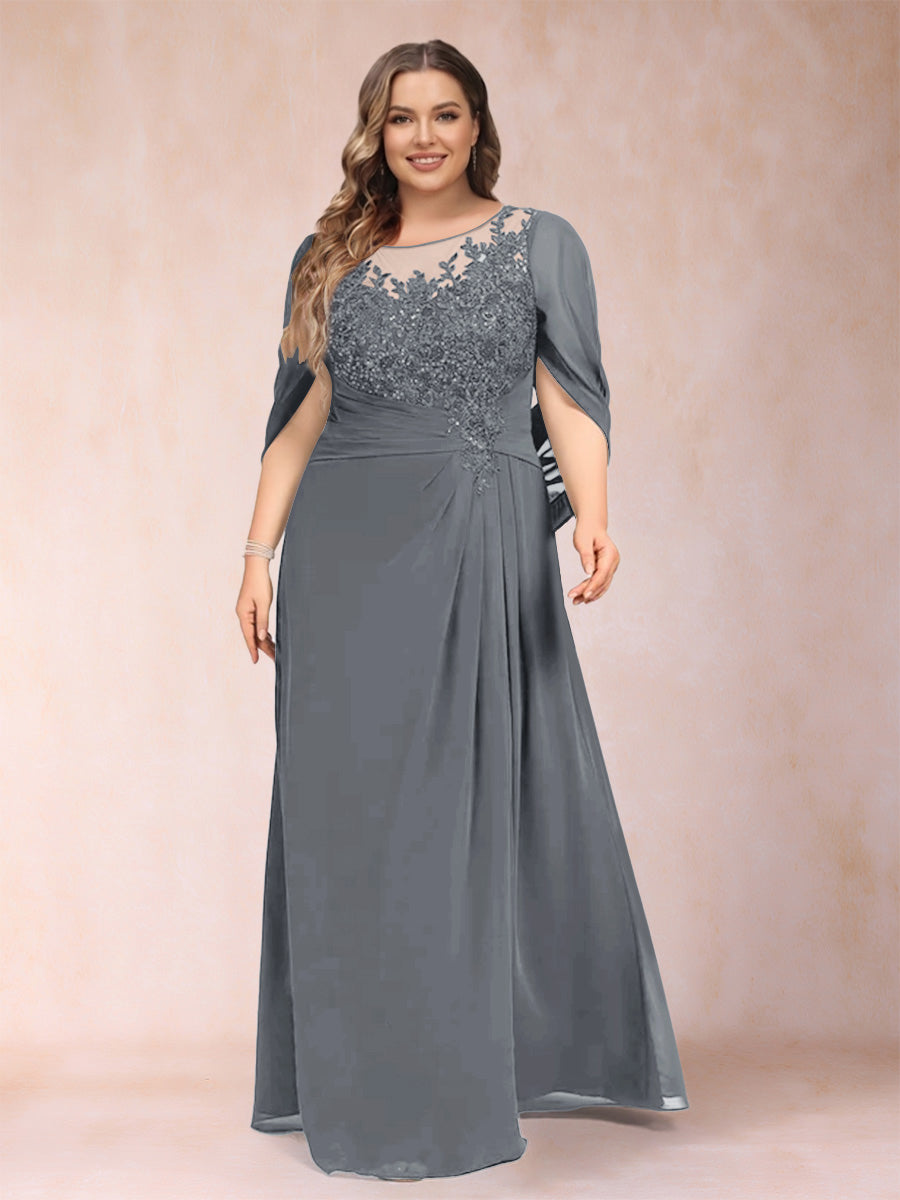Lavetir Gray A-Line/Princess Scoop Half Sleeves Plus Size Mother of the Bride Dresses with Appliques & Ruffles 2026