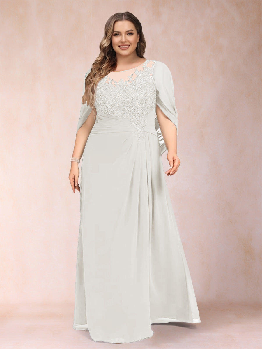A-Line/Princess Scoop Half Sleeves Plus Size Mother of the Bride Dresses with Appliques &amp; Ruffles