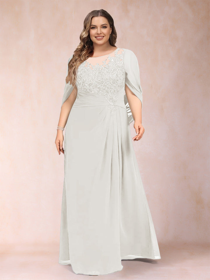 A-Line/Princess Scoop Half Sleeves Plus Size Mother of the Bride Dresses with Appliques &amp; Ruffles