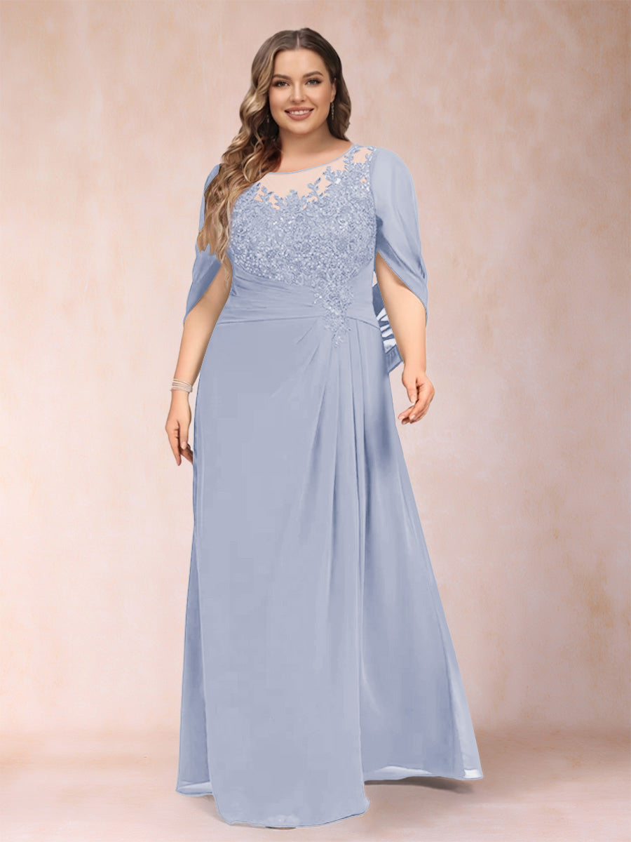 A-Line/Princess Scoop Half Sleeves Plus Size Mother of the Bride Dresses with Appliques &amp; Ruffles