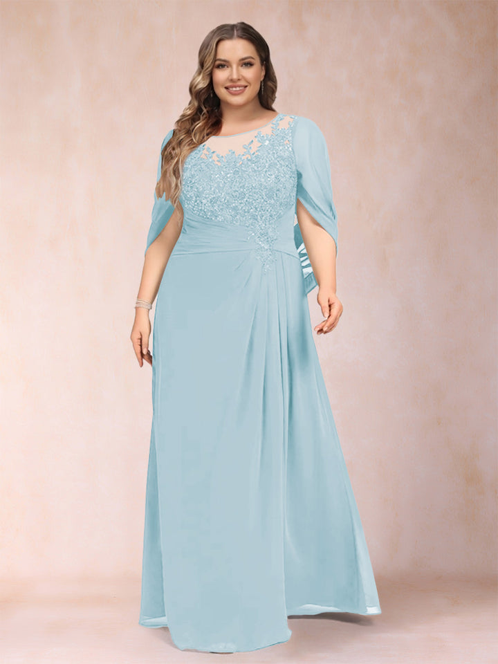 A-Line/Princess Scoop Half Sleeves Plus Size Mother of the Bride Dresses with Appliques &amp; Ruffles