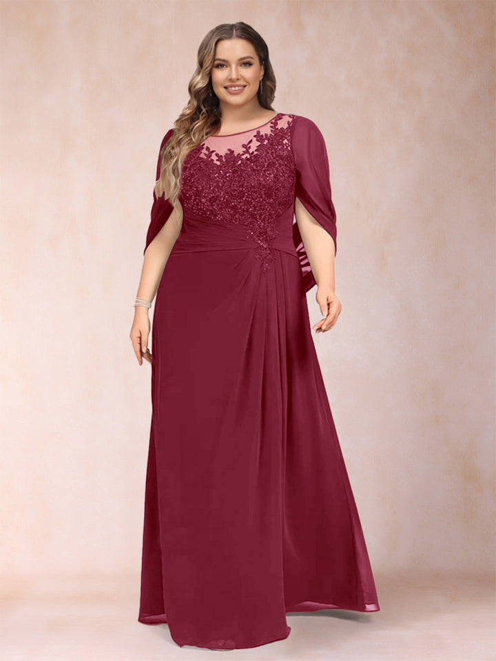 A-Line/Princess Scoop Half Sleeves Plus Size Mother of the Bride Dresses with Appliques &amp; Ruffles