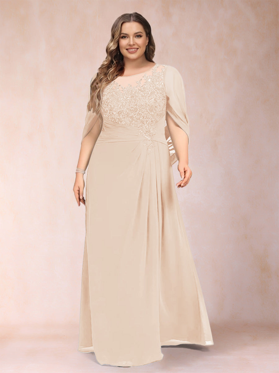 A-Line/Princess Scoop Half Sleeves Plus Size Mother of the Bride Dresses with Appliques &amp; Ruffles