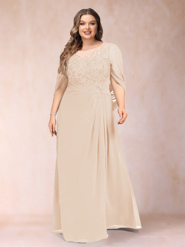 A-Line/Princess Scoop Half Sleeves Plus Size Mother of the Bride Dresses with Appliques & Ruffles